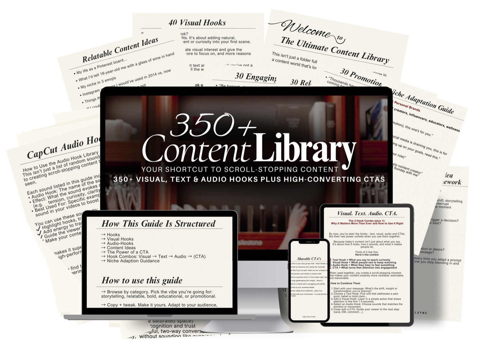 The 350+ Content Library. Visual, text and audio hooks plus high-converting CTAs.