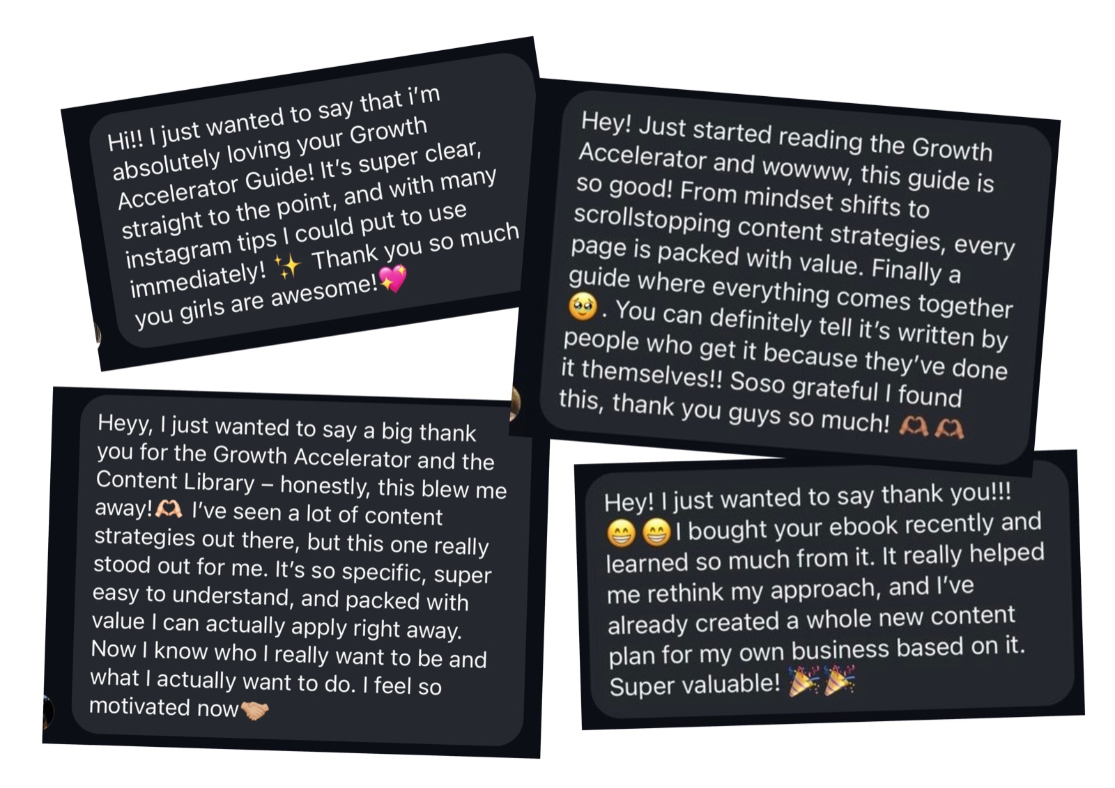 Four testimonial DMs from Growth Accelerator members praising the guide and content strategies.